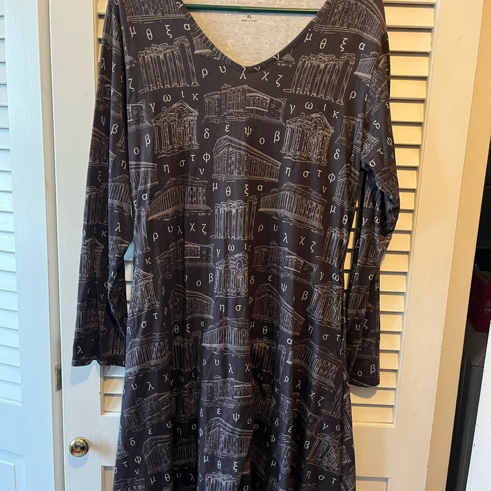 Svaha Greek Alphabet and Temple dress dark gray XL with pockets NWOT